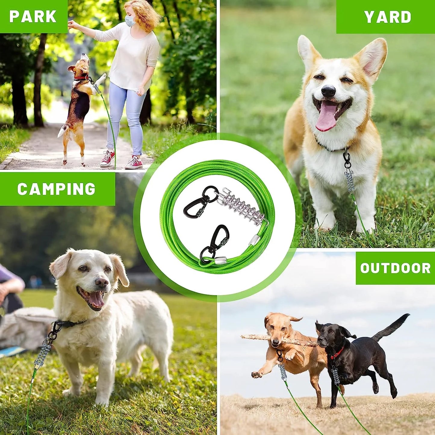 Dog Tie Out Cable 10/15/20/25/30 FT Dog Runner for Yard Steel Wire Dog Cable with Durable Superior Clips Green Dog Chains Heavy Duty for outside Hold Large Dogs up to 165 Lbs