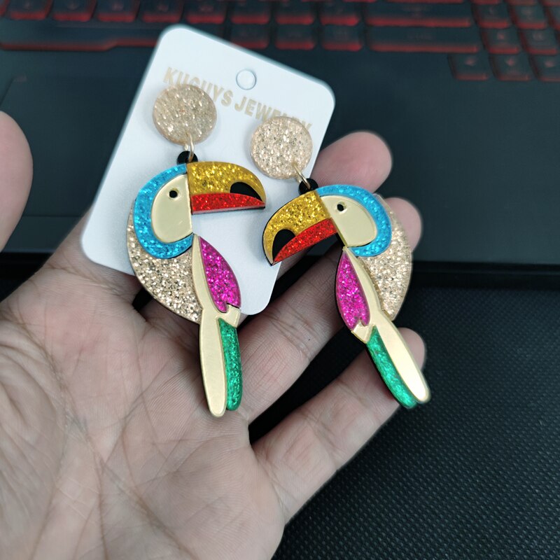 Parrot Glitter Jewelry Acrylic Bird Hip Hop Rock Large Drop Earrings for Women Fashion Accessories