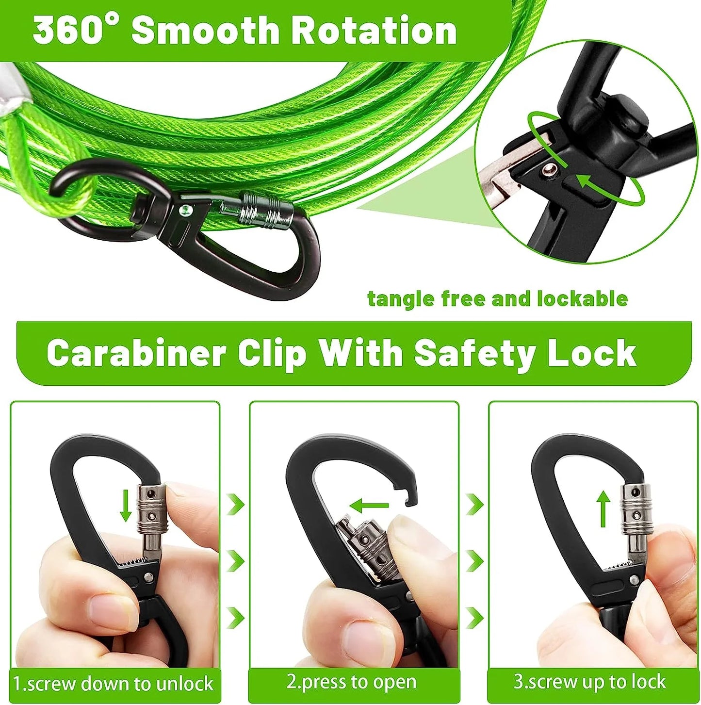 Dog Tie Out Cable 10/15/20/25/30 FT Dog Runner for Yard Steel Wire Dog Cable with Durable Superior Clips Green Dog Chains Heavy Duty for outside Hold Large Dogs up to 165 Lbs