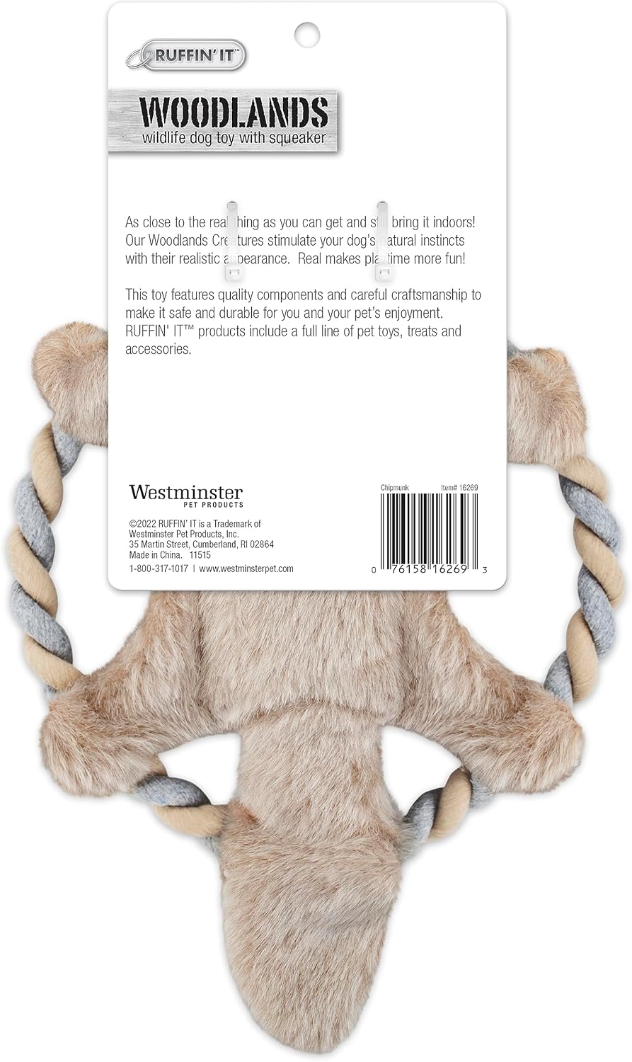 RUFFIN' IT Rhode Island Textile Woodlands Chipmunk Plush Dog Toy with Rope Chew Ring, Mutli, 8.5 Inch (Pack of 1), All Breed Sizes