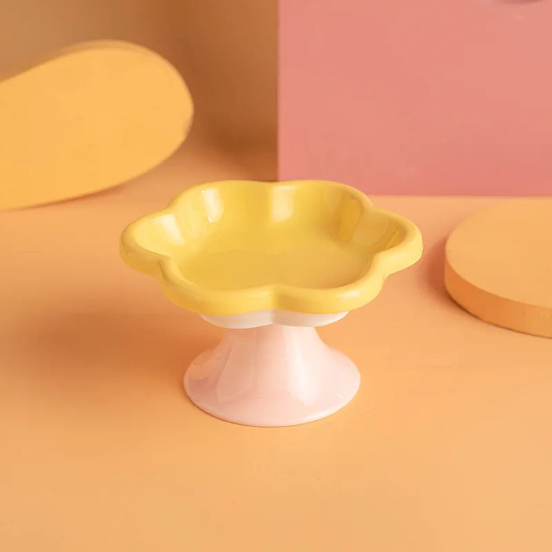 Ceramic Elevated Cat Bowl With Stand For Neck Protection, Raised Flower Design Food Water Plate Snack Dish