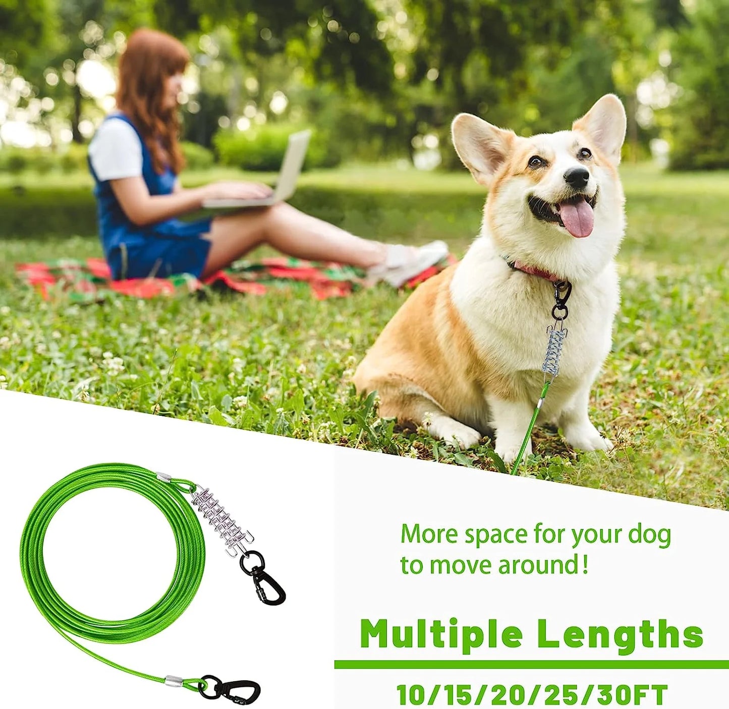 Dog Tie Out Cable 10/15/20/25/30 FT Dog Runner for Yard Steel Wire Dog Cable with Durable Superior Clips Green Dog Chains Heavy Duty for outside Hold Large Dogs up to 165 Lbs