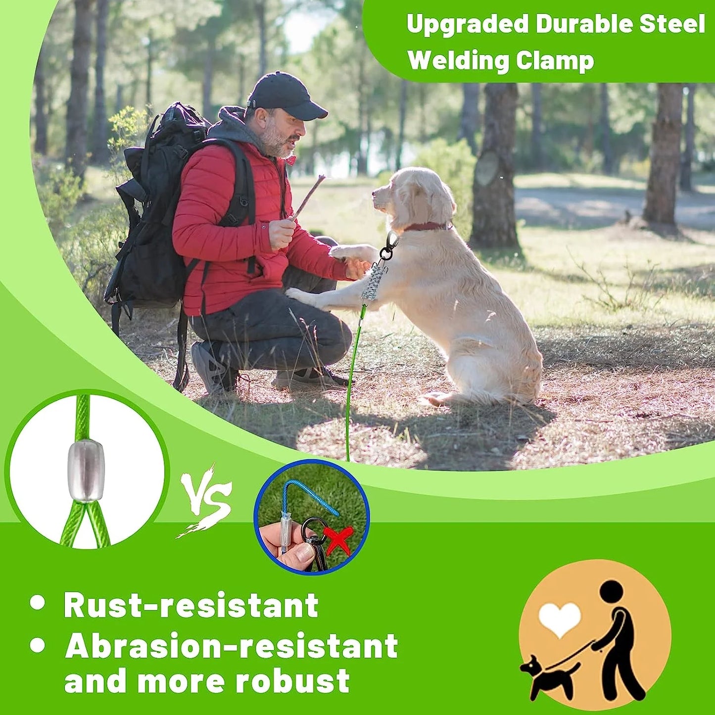 Dog Tie Out Cable 10/15/20/25/30 FT Dog Runner for Yard Steel Wire Dog Cable with Durable Superior Clips Green Dog Chains Heavy Duty for outside Hold Large Dogs up to 165 Lbs
