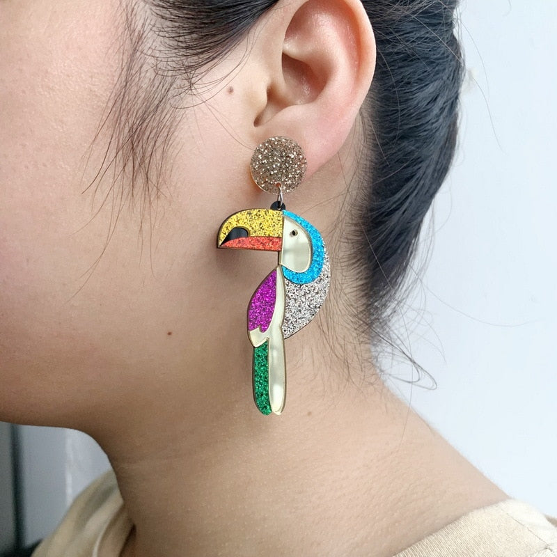 Parrot Glitter Jewelry Acrylic Bird Hip Hop Rock Large Drop Earrings for Women Fashion Accessories