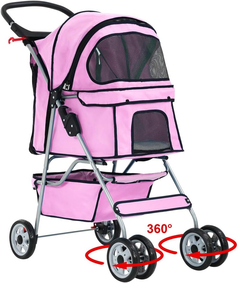 BestPet Pink Foldable Pet Stroller for Dogs & Cats