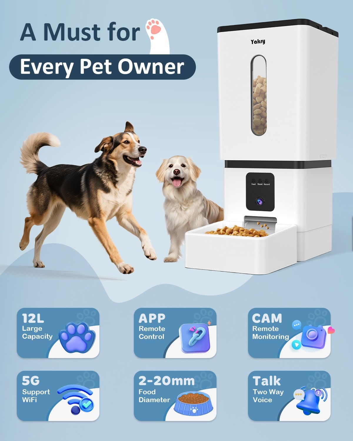 Yakry 12L Automatic Dog Feeder with HD Camera, Two-Way Audio