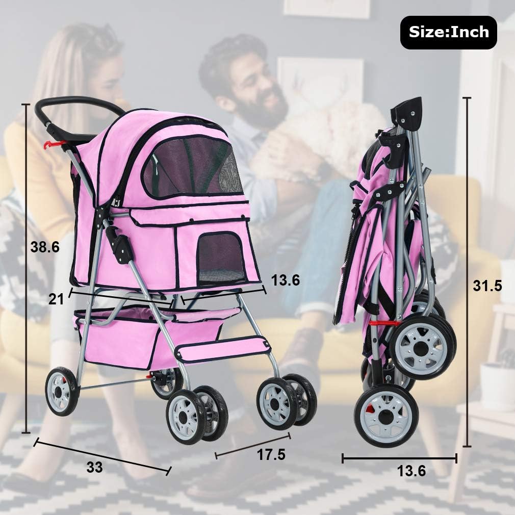 BestPet Pink Foldable Pet Stroller for Dogs & Cats