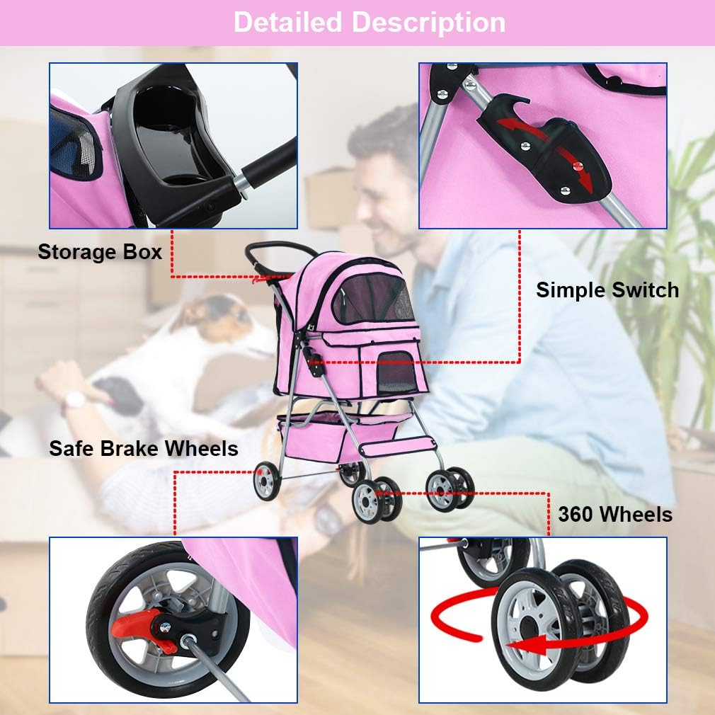 BestPet Pink Foldable Pet Stroller for Dogs & Cats