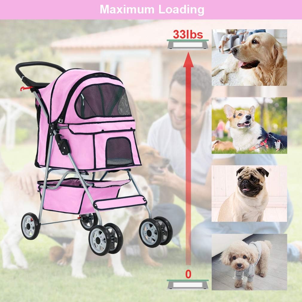 BestPet Pink Foldable Pet Stroller for Dogs & Cats