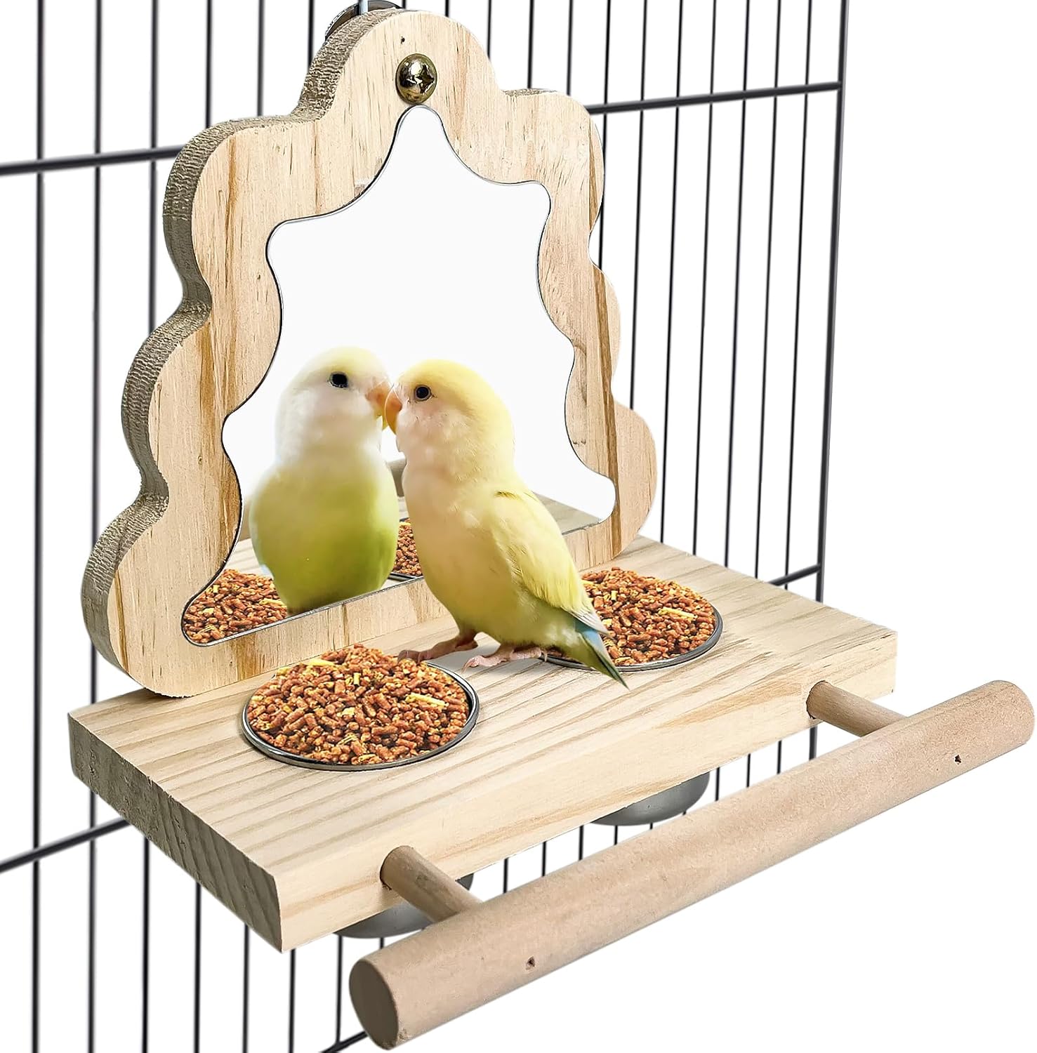Tfwadmx Rustic Wooden Bird Perch with Stainless Steel Feeding Cups