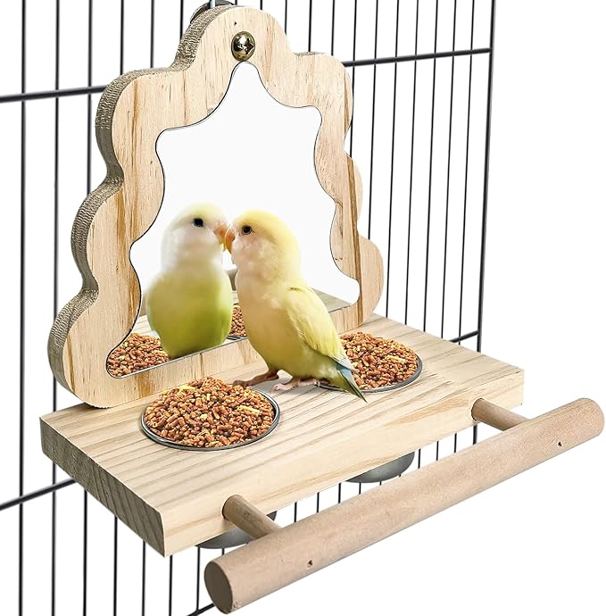 Tfwadmx Rustic Wooden Bird Perch with Stainless Steel Feeding Cups