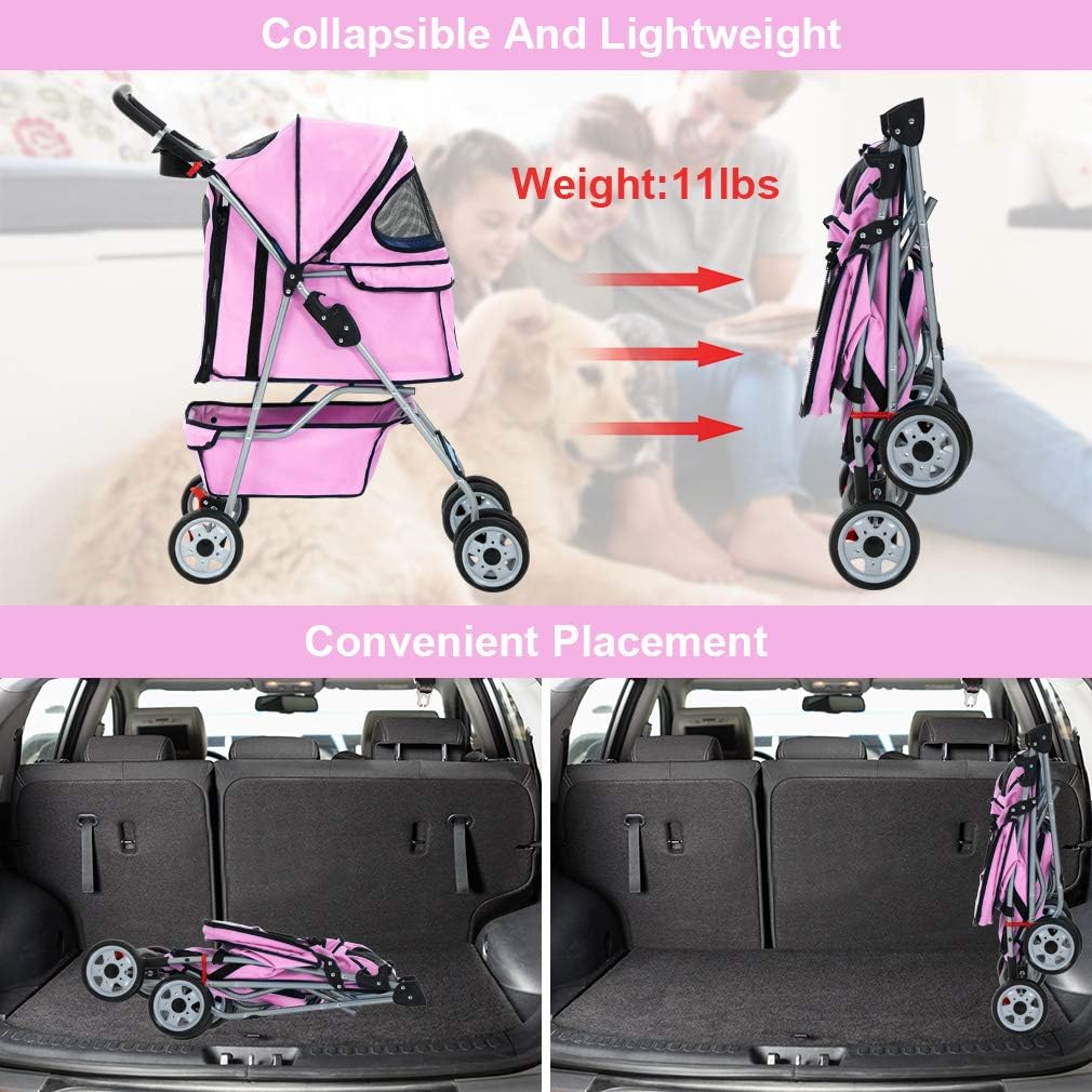BestPet Pink Foldable Pet Stroller for Dogs & Cats