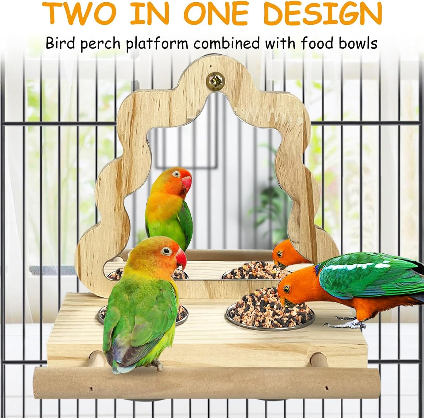 Tfwadmx Rustic Wooden Bird Perch with Stainless Steel Feeding Cups