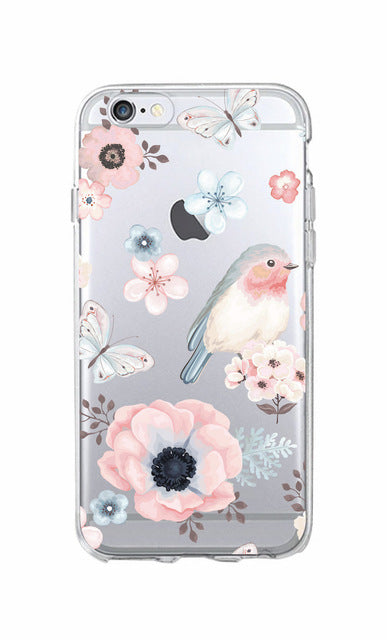 Cute Bird Butterfly Floral Flower Soft Clear Phone Case Fundas Coque Cover For iPhone 7 7Plus 6 6S 8 8PLUS X XS Max SAMSUNG