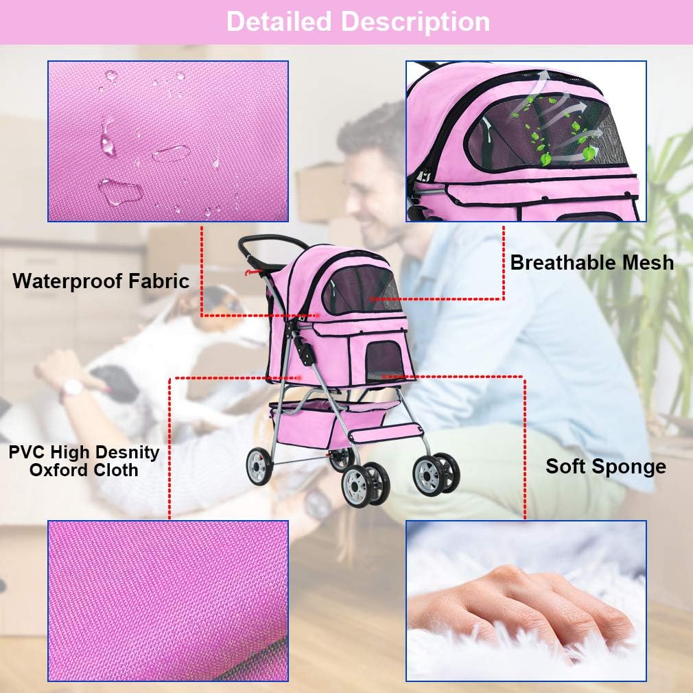 BestPet Pink Foldable Pet Stroller for Dogs & Cats