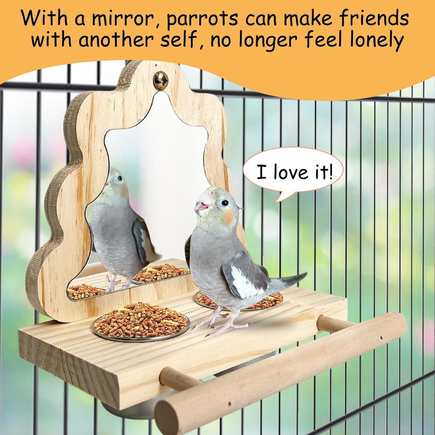 Tfwadmx Rustic Wooden Bird Perch with Stainless Steel Feeding Cups