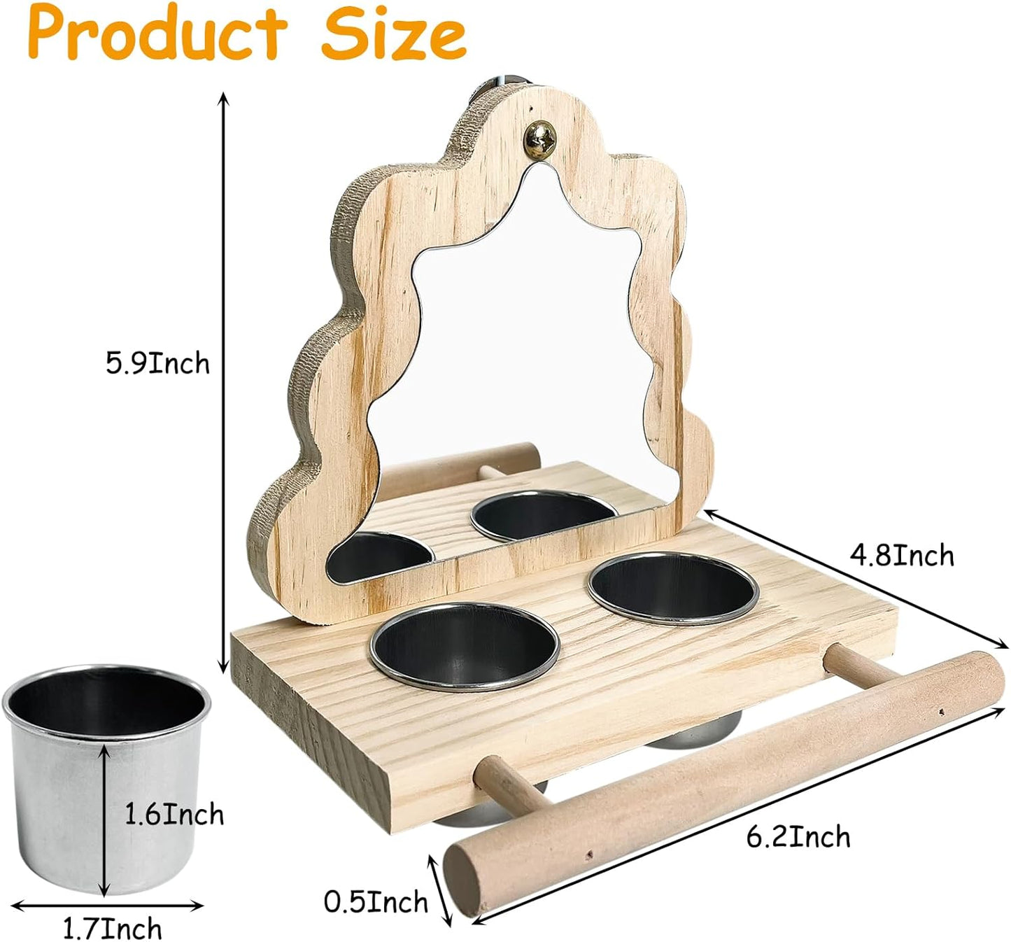 Tfwadmx Rustic Wooden Bird Perch with Stainless Steel Feeding Cups