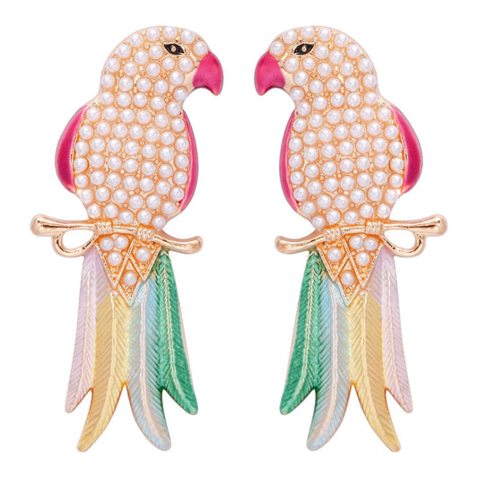Retro full diamond colored cute animal bird lady earrings and earrings