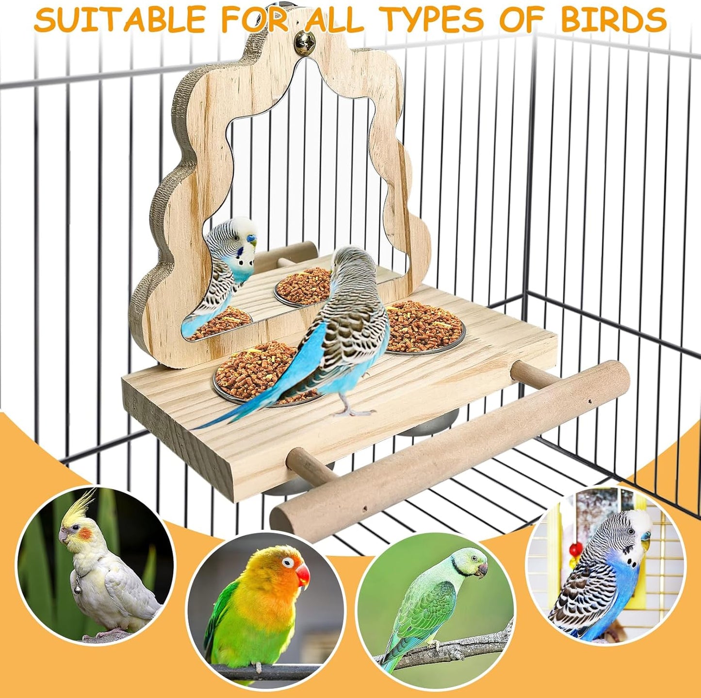 Tfwadmx Rustic Wooden Bird Perch with Stainless Steel Feeding Cups