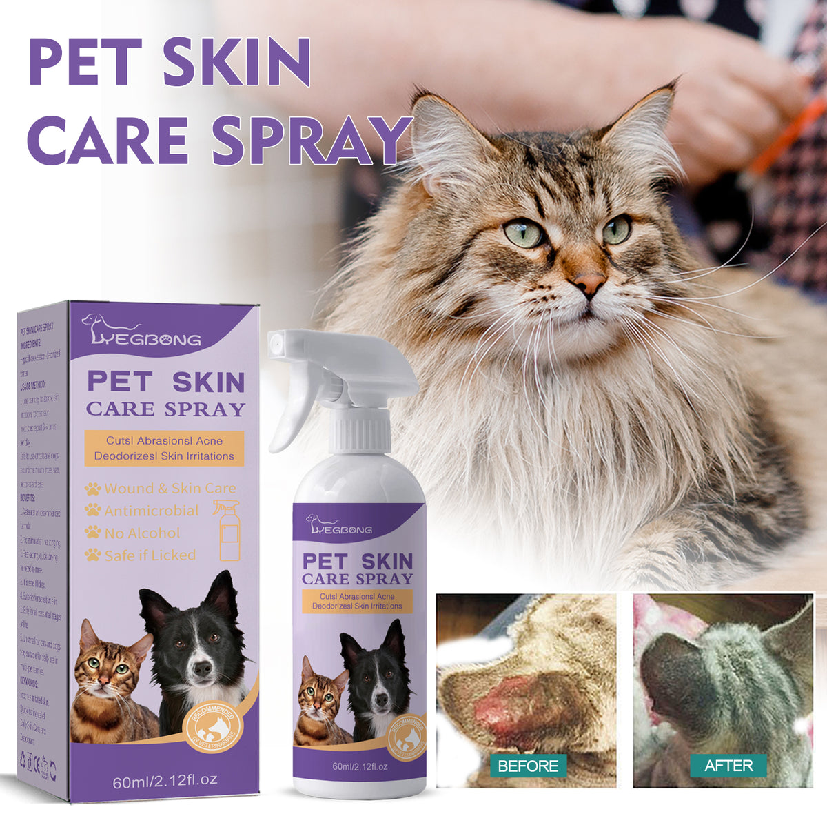 Pet Skin Relief Spray, Relieves Dog And Cat Skin Itchiness Eliminates Mites Cleaning Care Spray