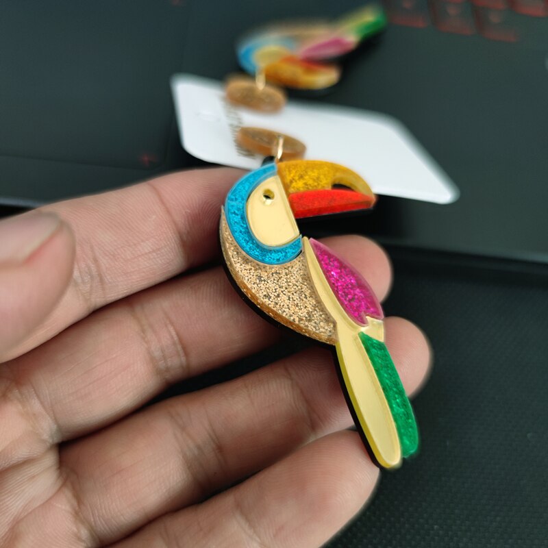 Parrot Glitter Jewelry Acrylic Bird Hip Hop Rock Large Drop Earrings for Women Fashion Accessories