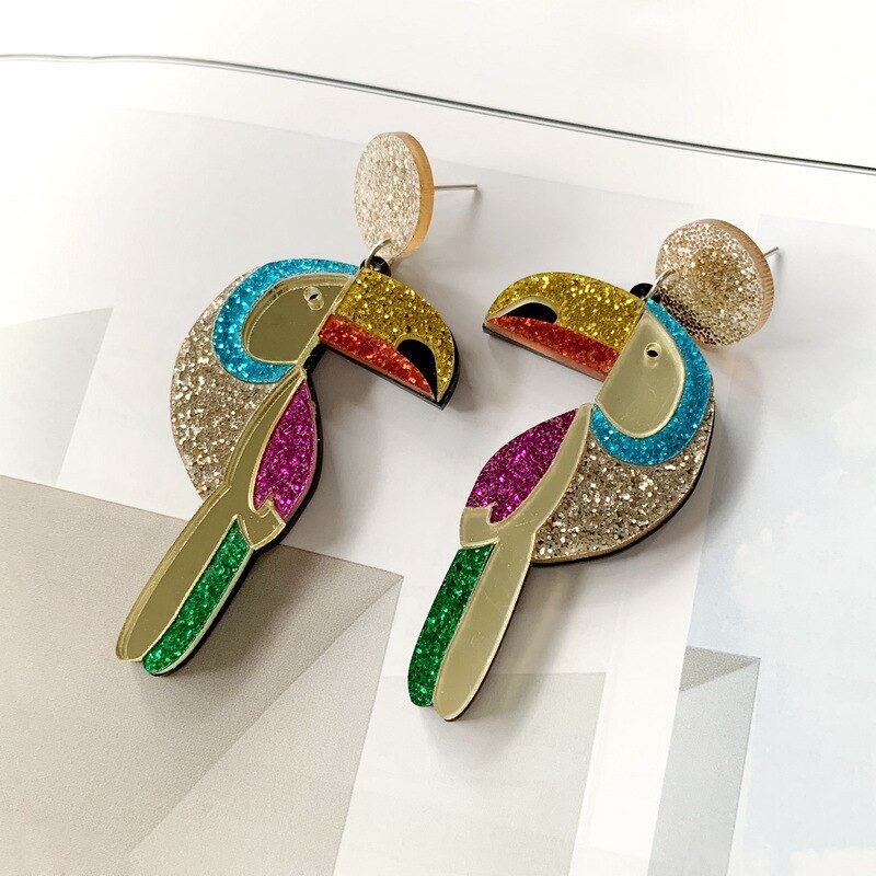 Parrot Glitter Jewelry Acrylic Bird Hip Hop Rock Large Drop Earrings for Women Fashion Accessories