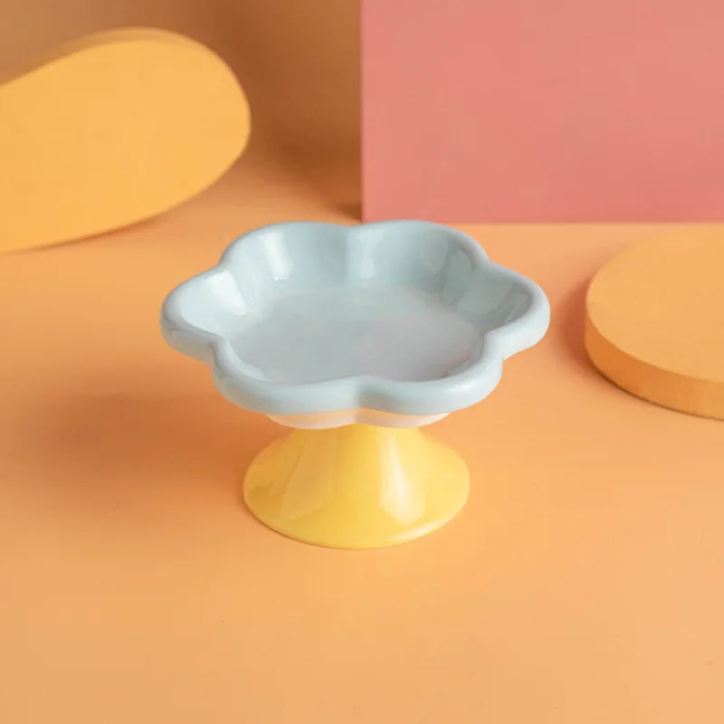 Ceramic Elevated Cat Bowl With Stand For Neck Protection, Raised Flower Design Food Water Plate Snack Dish