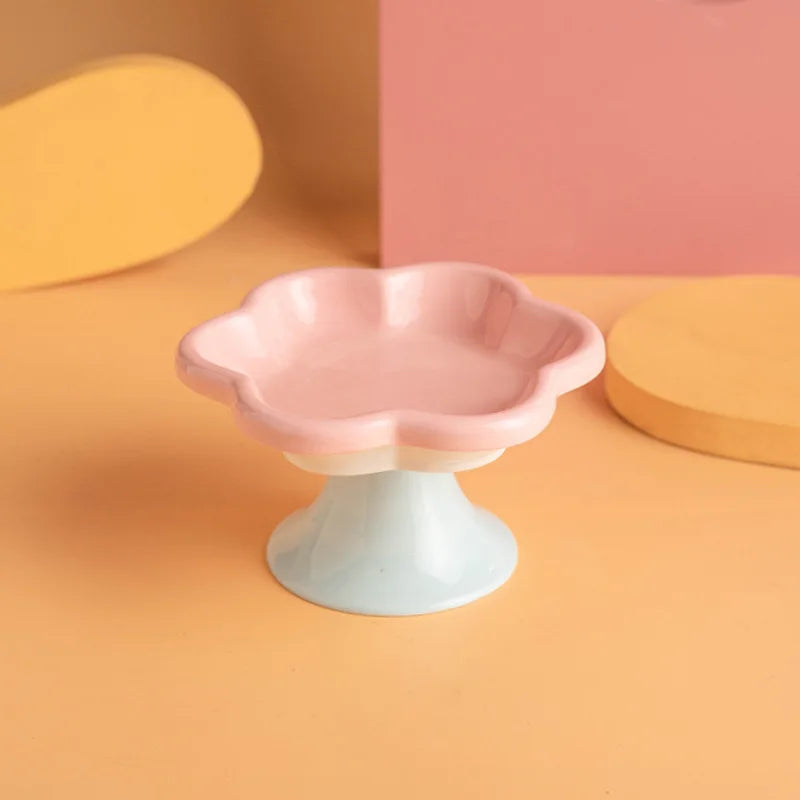 Ceramic Elevated Cat Bowl With Stand For Neck Protection, Raised Flower Design Food Water Plate Snack Dish