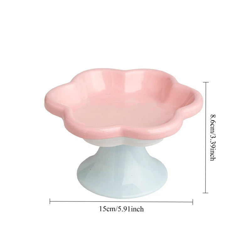 Ceramic Elevated Cat Bowl With Stand For Neck Protection, Raised Flower Design Food Water Plate Snack Dish