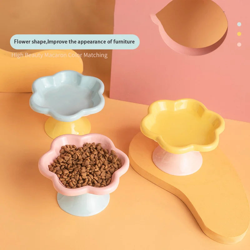 Ceramic Elevated Cat Bowl With Stand For Neck Protection, Raised Flower Design Food Water Plate Snack Dish