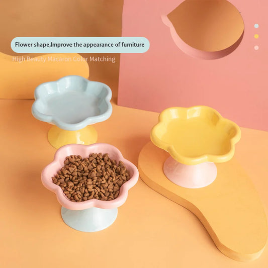 Ceramic Elevated Cat Bowl With Stand For Neck Protection, Raised Flower Design Food Water Plate Snack Dish