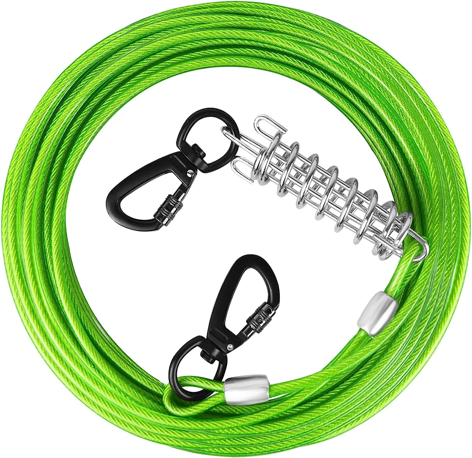 Dog Tie Out Cable 10/15/20/25/30 FT Dog Runner for Yard Steel Wire Dog Cable with Durable Superior Clips Green Dog Chains Heavy Duty for outside Hold Large Dogs up to 165 Lbs