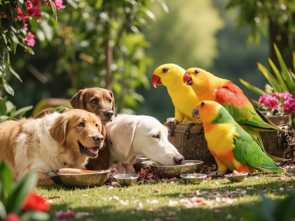 Landscape scene with cats, dogs, and bright sun conures eating with Feder Global Online Store header